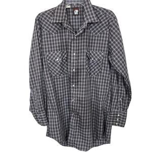 Vtg  Karman Plaid Western Long Sleeve Shirt Pearl Snap Extra Long Tails Yoke L